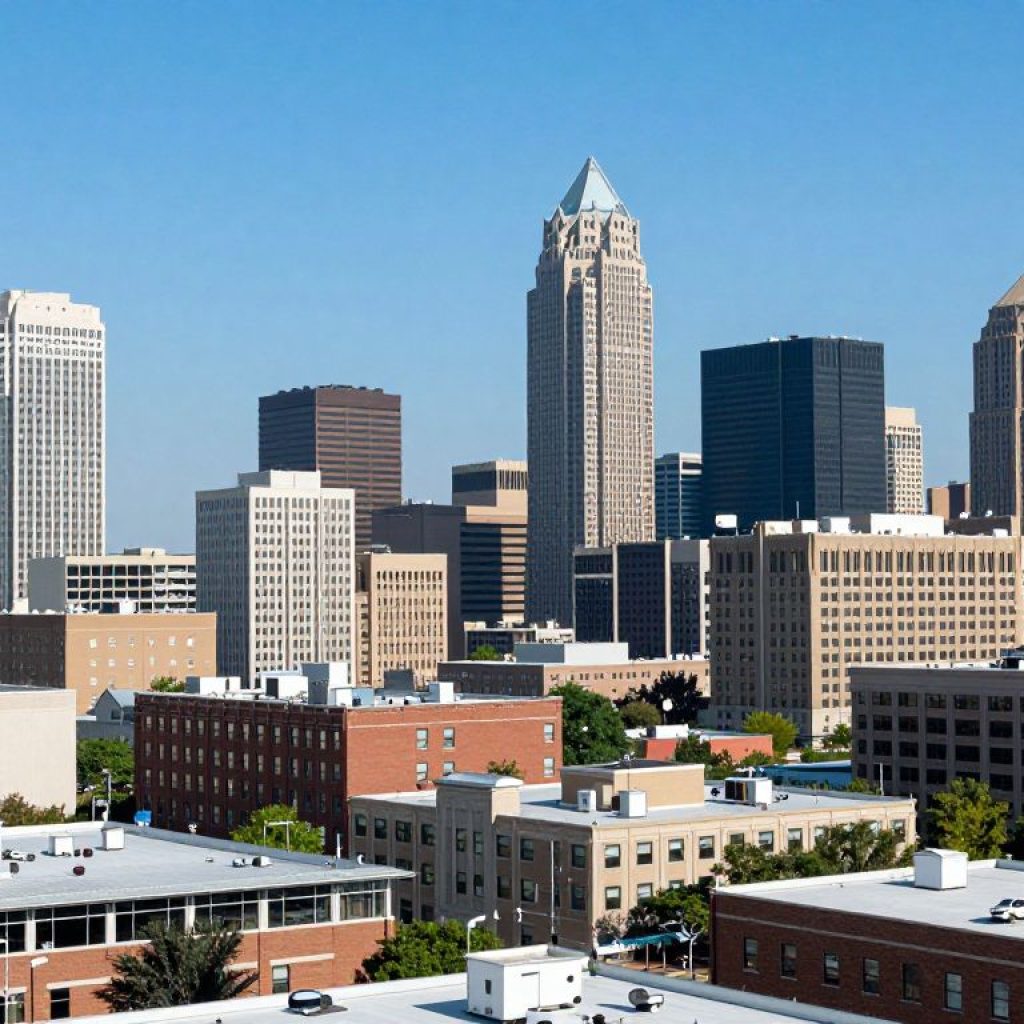 View of Kansas City's financial district with skyscrapers.