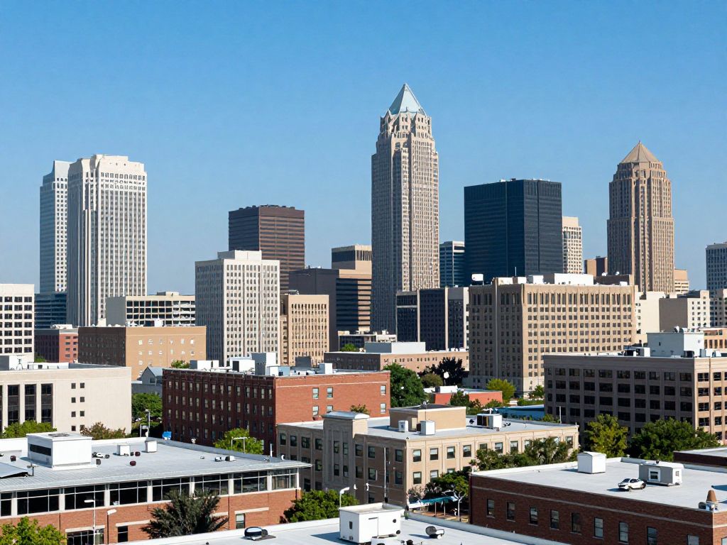 View of Kansas City's financial district with skyscrapers.