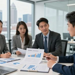 Kansas City Life Insurance team discussing dividend declarations in front of the city skyline