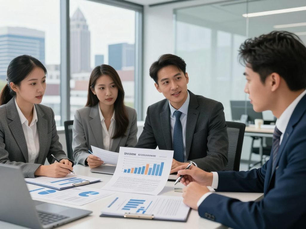 Kansas City Life Insurance team discussing dividend declarations in front of the city skyline