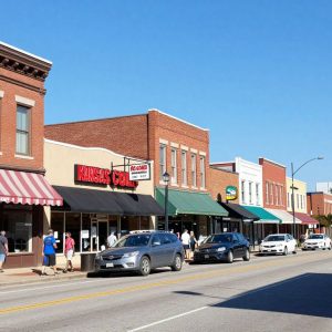 Vibrant Kansas City street filled with local businesses