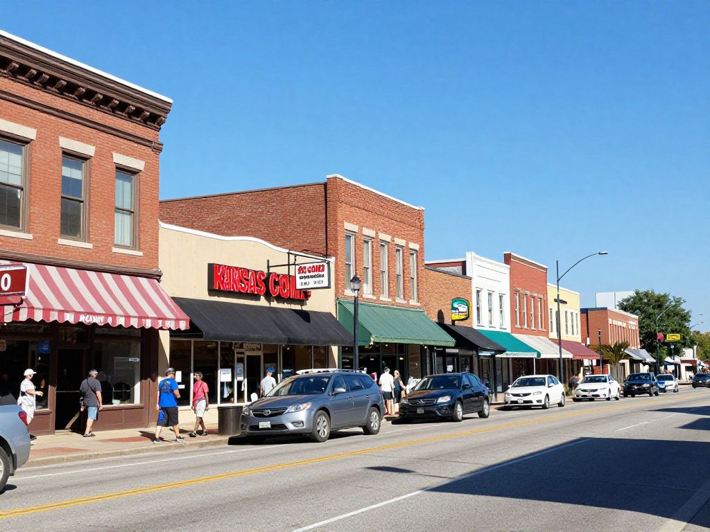 Vibrant Kansas City street filled with local businesses