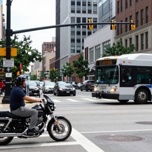 Scene of a motorcycle accident involving a RideKC bus in Kansas City.