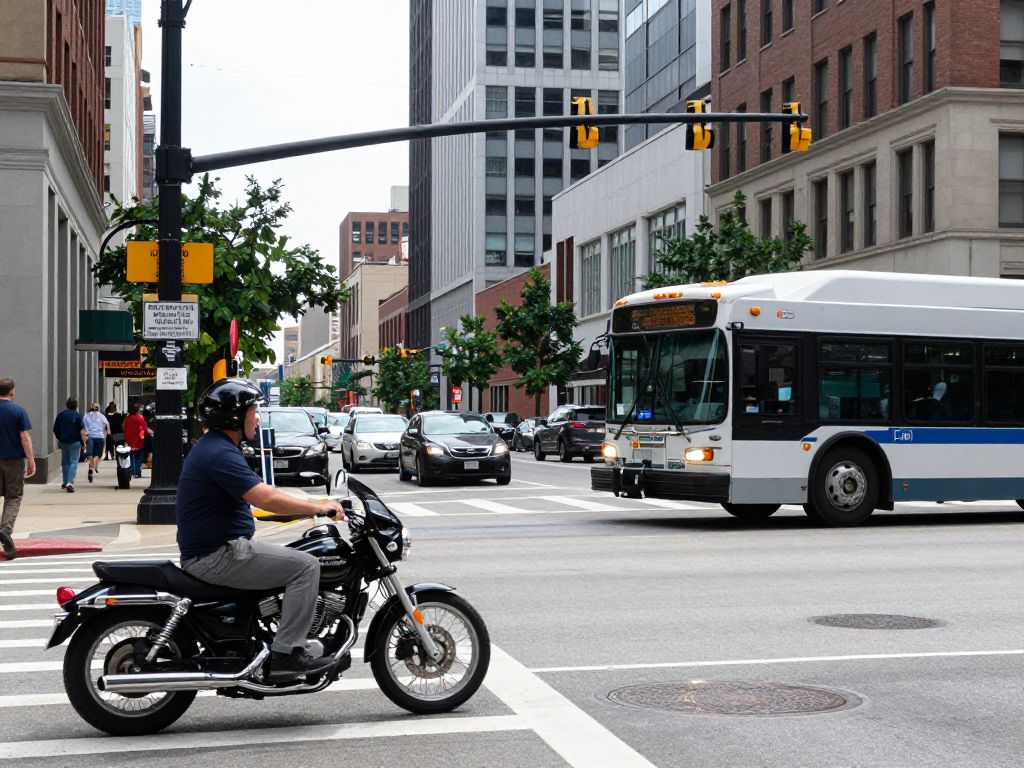 Scene of a motorcycle accident involving a RideKC bus in Kansas City.