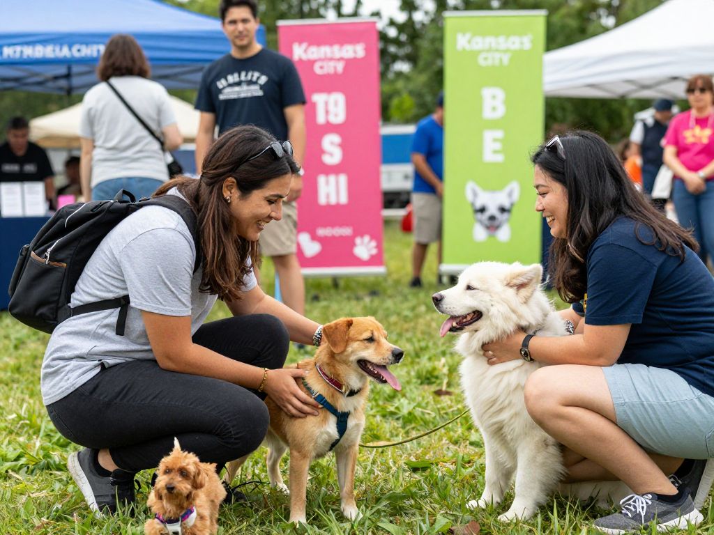 Family engaging with a pet during the Kansas City pet adoption event.