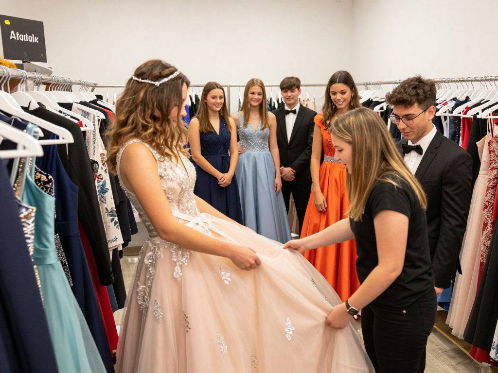 Teens choosing formal wear at a Kansas City nonprofit prom event