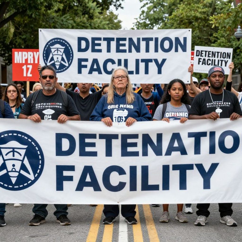 Community members protesting against the proposed ICE detention facility in Kansas City