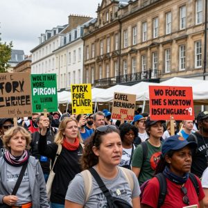 Protesters holding signs at Kansas City's City Market during a demonstration.