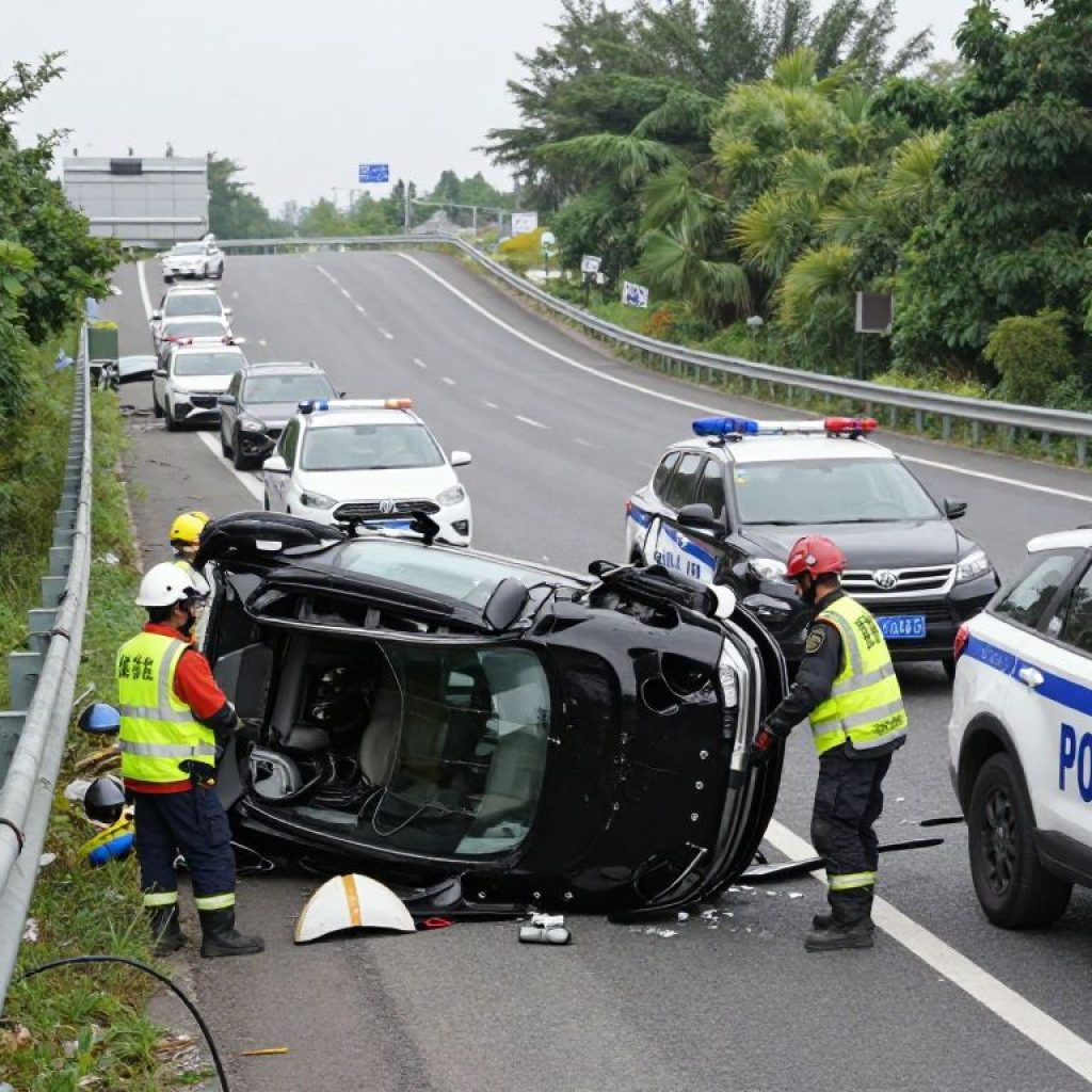 Scene of a traffic accident with an overturned SUV in Kansas City