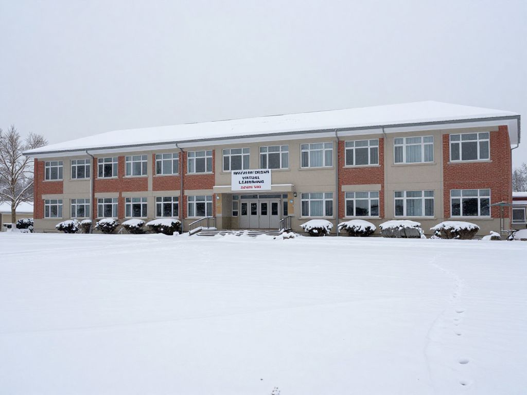 Kansas City school building in winter covered with snow