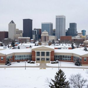 Snow-covered Kansas City school buildings during winter weather