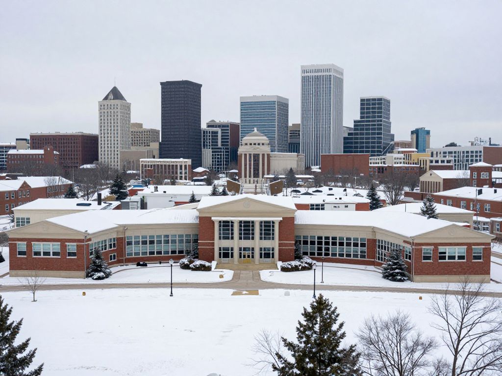 Snow-covered Kansas City school buildings during winter weather