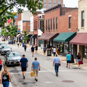 Vibrant Kansas City street with local businesses