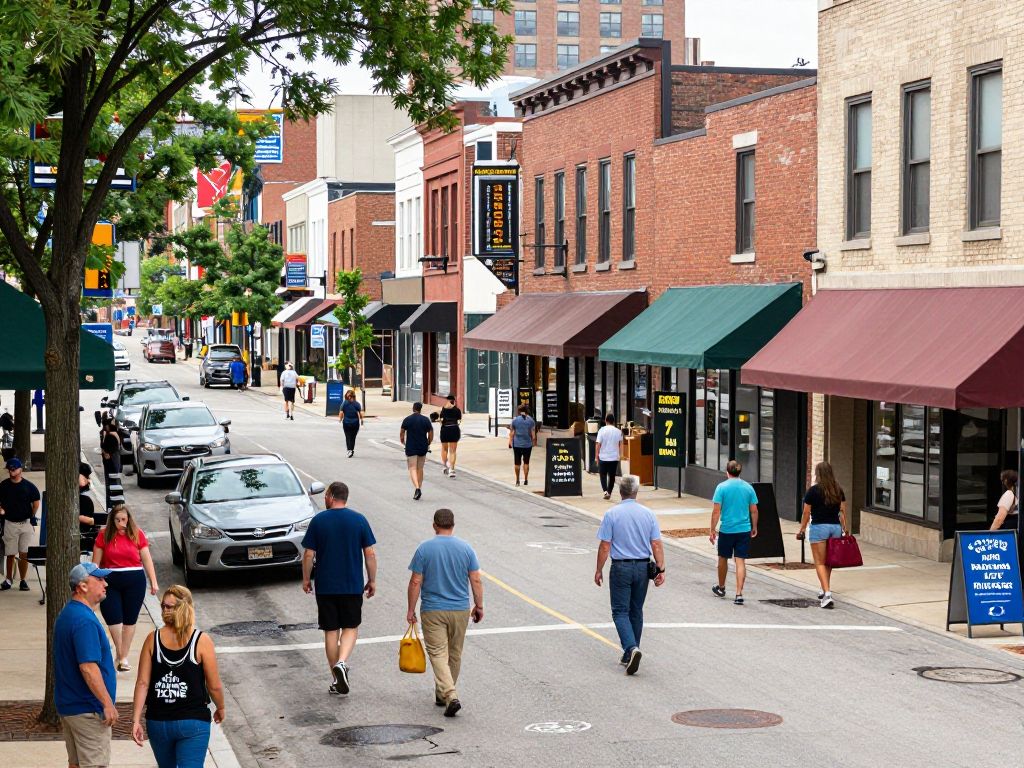 Vibrant Kansas City street with local businesses