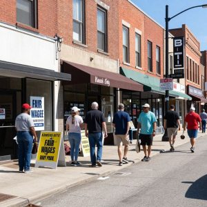 Kansas City street with local businesses and signs about wages