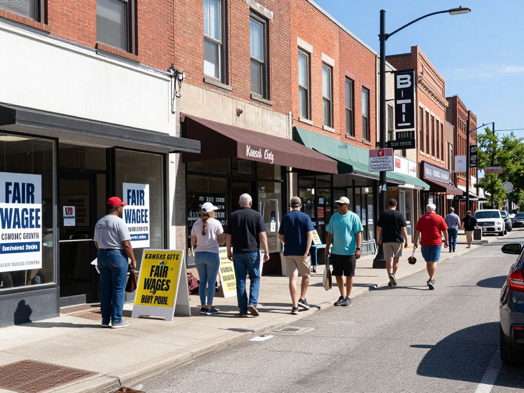 Kansas City street with local businesses and signs about wages