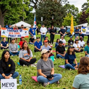 Community members gathering for a peaceful vigil and rally at Mill Creek Park in Kansas City.