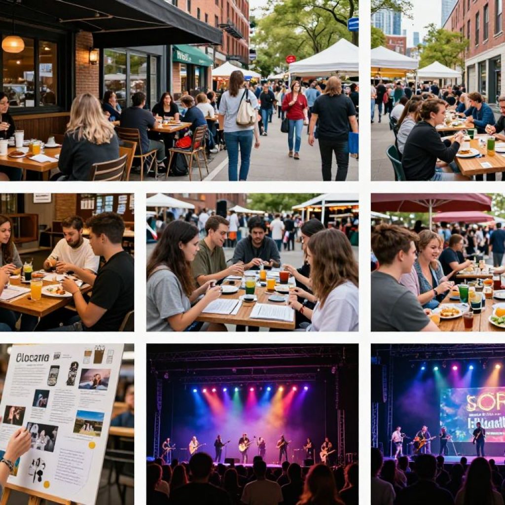 A vibrant scene representing various weekend events in Kansas City including cooking, workshops, and entertainment.