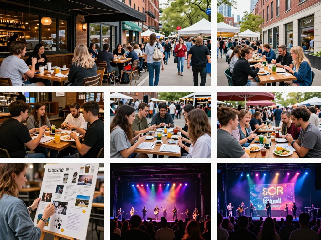 A vibrant scene representing various weekend events in Kansas City including cooking, workshops, and entertainment.