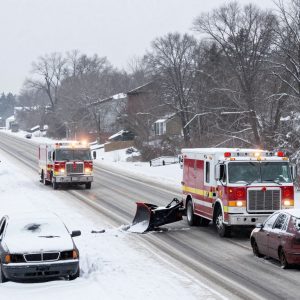 Winter storm in Kansas City with snow-covered highway and emergency vehicles