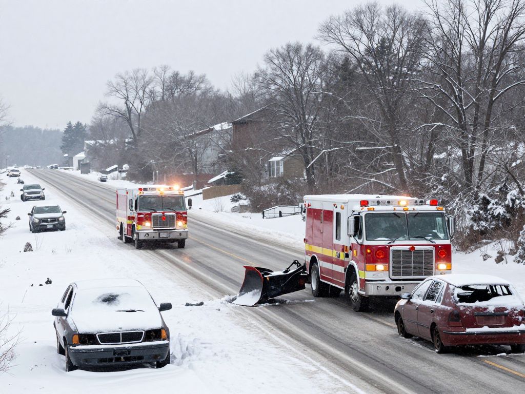 Winter storm in Kansas City with snow-covered highway and emergency vehicles