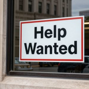 Office building in Kansas City with a 'Help Wanted' sign.