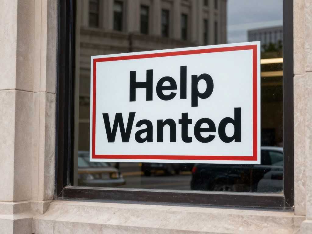 Office building in Kansas City with a 'Help Wanted' sign.