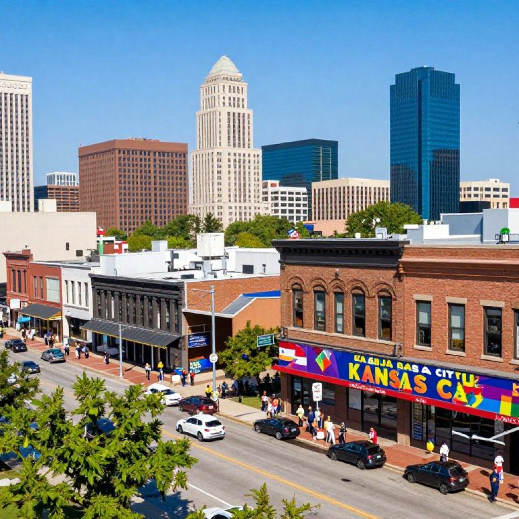 Kansas City skyline featuring temporary signage for World Cup festivities