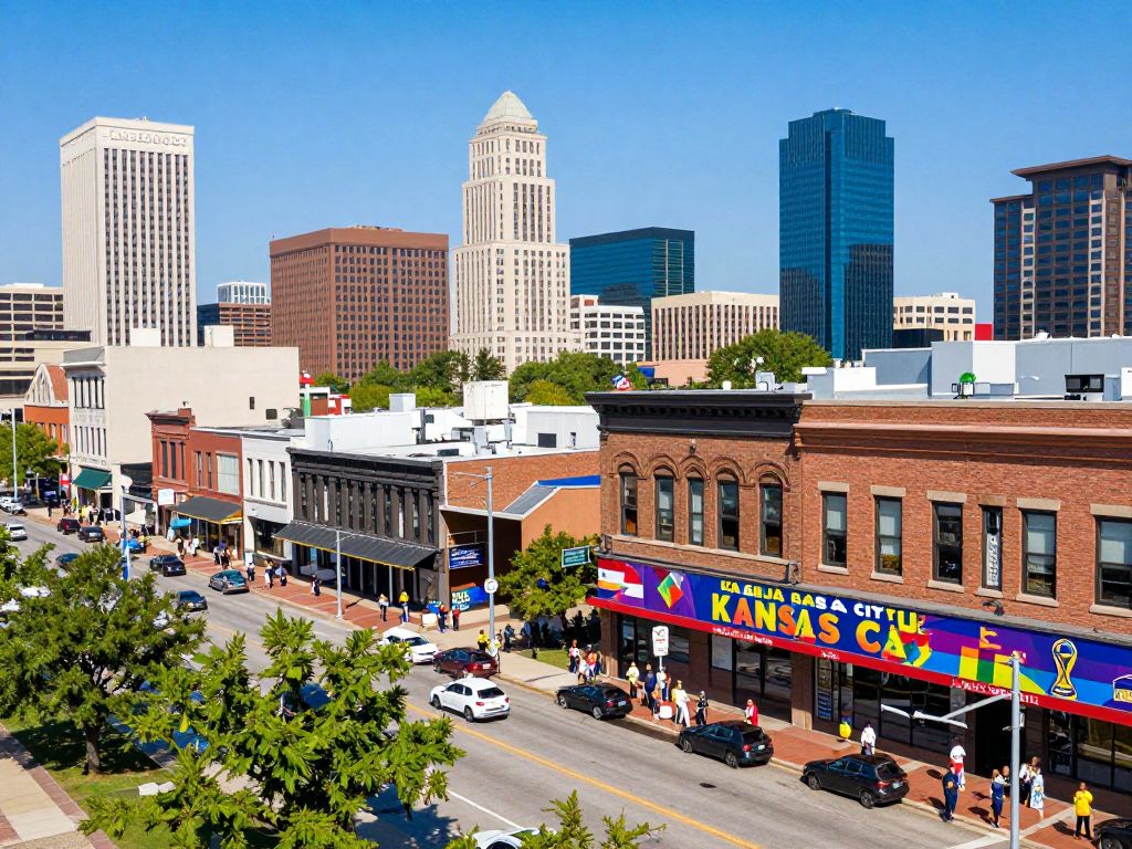 Kansas City skyline featuring temporary signage for World Cup festivities
