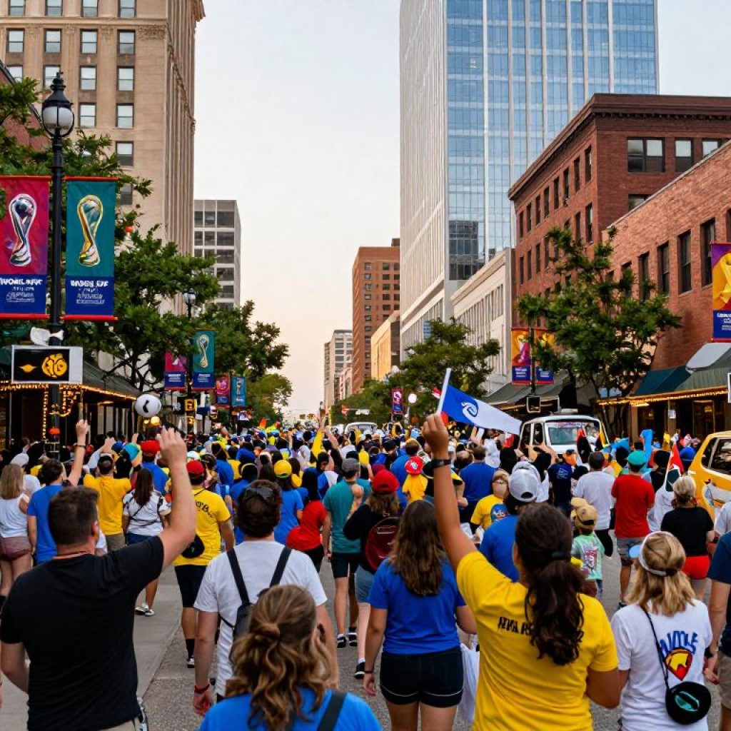Kansas City cityscape with World Cup decorations