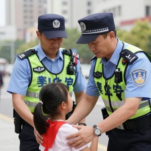 Police officer assisting children in Kansas City