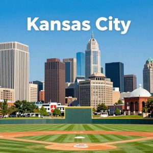 Kansas City skyline featuring a baseball theme
