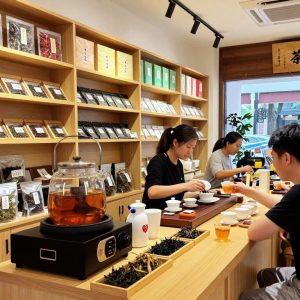 Cozy interior of a Kansas City tea shop with diverse tea selections