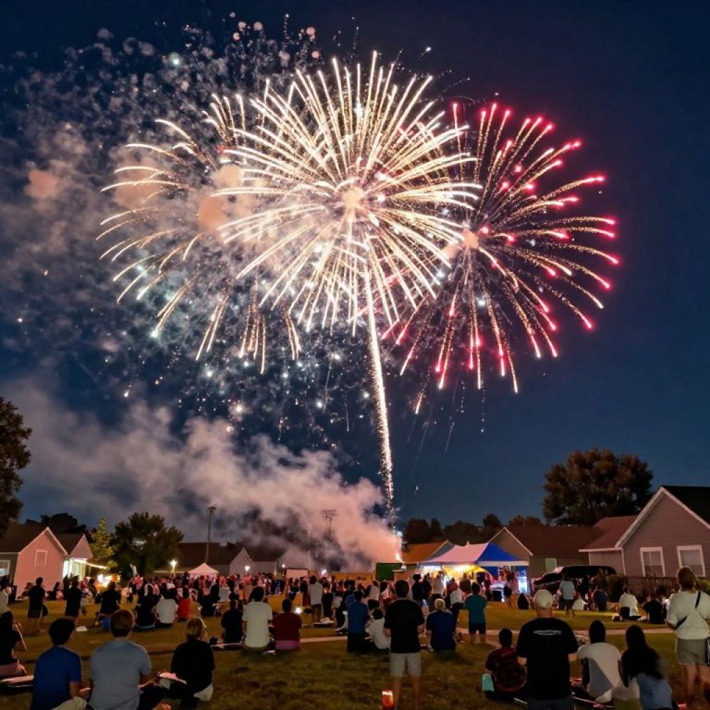 Fireworks lighting up the night sky during a community celebration in Kansas City.