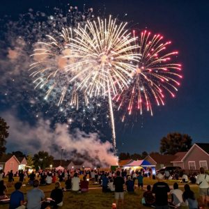 Fireworks lighting up the night sky during a community celebration in Kansas City.