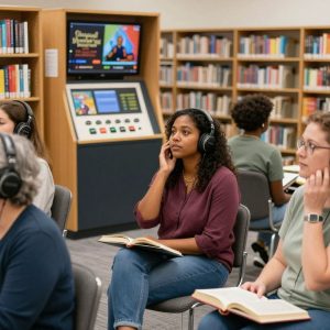 People listening to stories at the Oral History Audio Kiosk in Kansas City Library