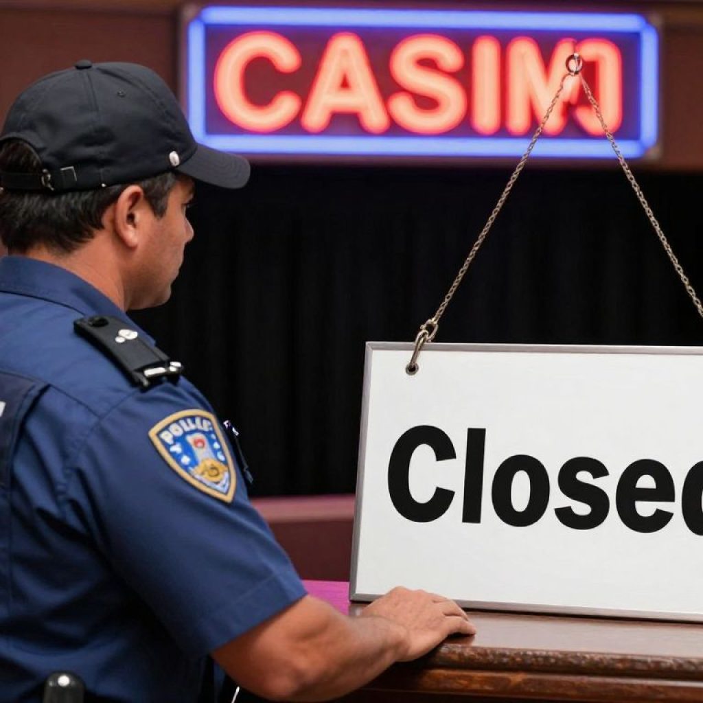 Police officer outside a closed gaming establishment in Kansas City
