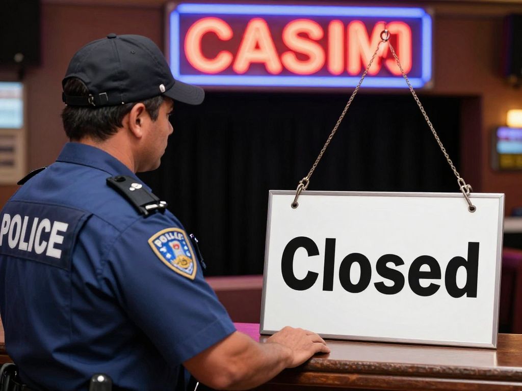 Police officer outside a closed gaming establishment in Kansas City