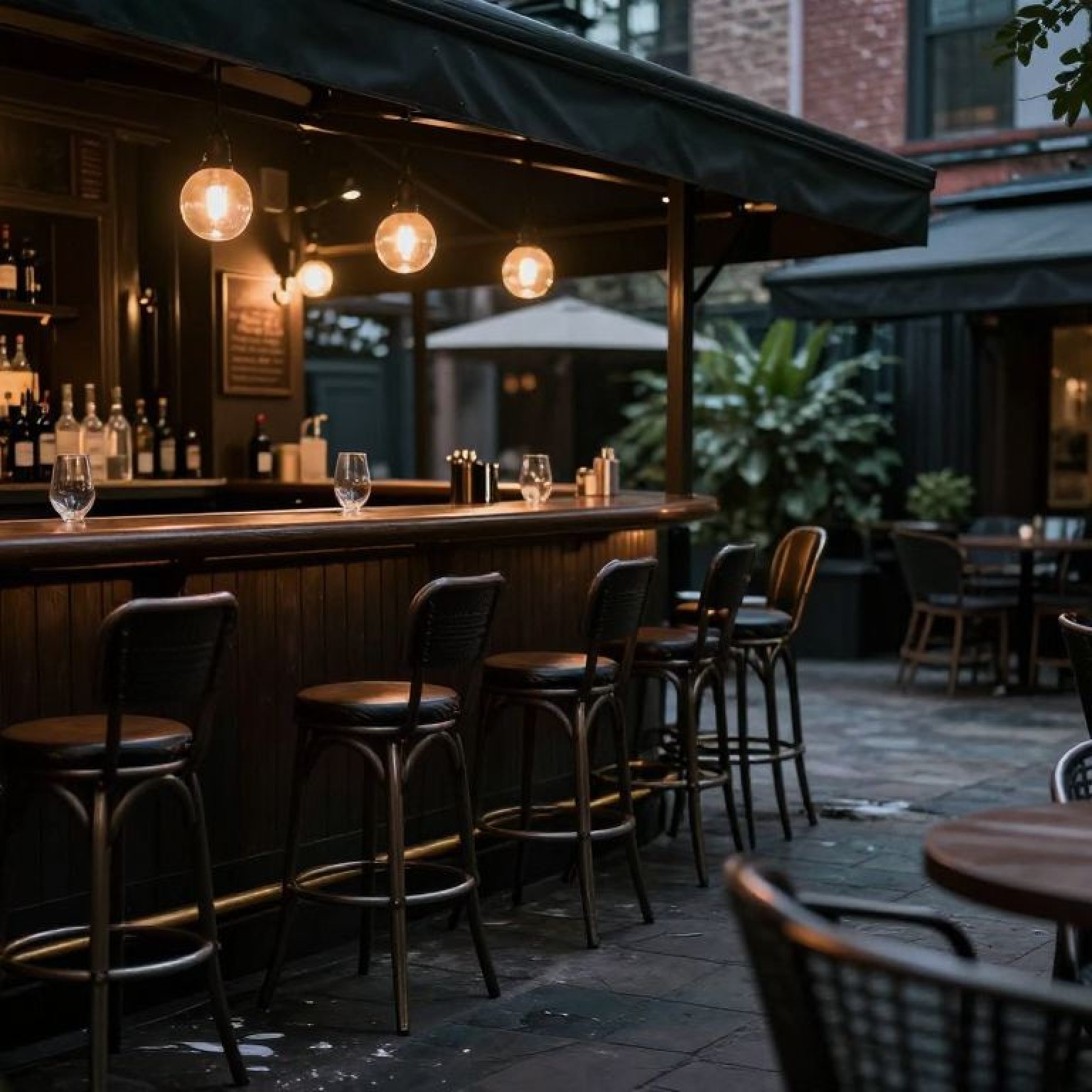 Empty chairs on the patio of a bar after a shooting incident