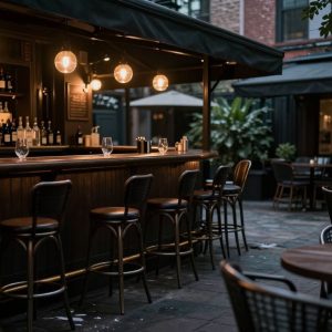 Empty chairs on the patio of a bar after a shooting incident