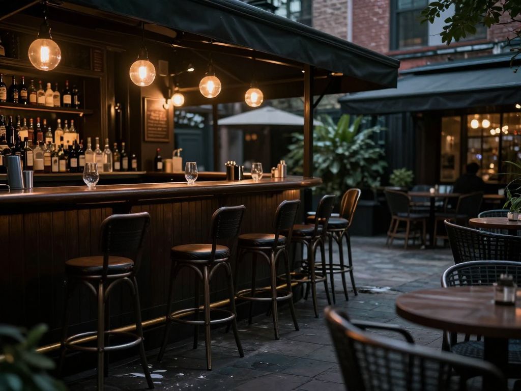 Empty chairs on the patio of a bar after a shooting incident