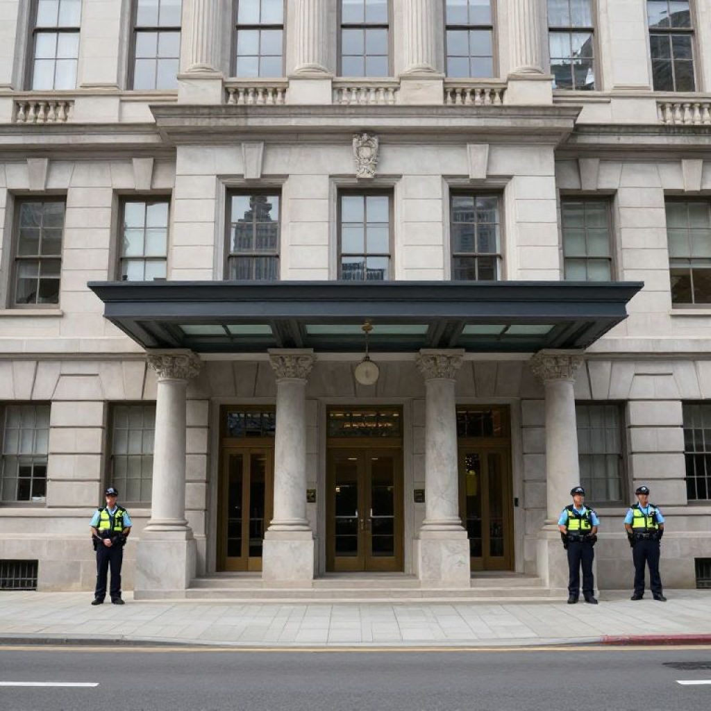 Exterior view of Lawrence City Hall with police presence.