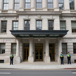 Exterior view of Lawrence City Hall with police presence.