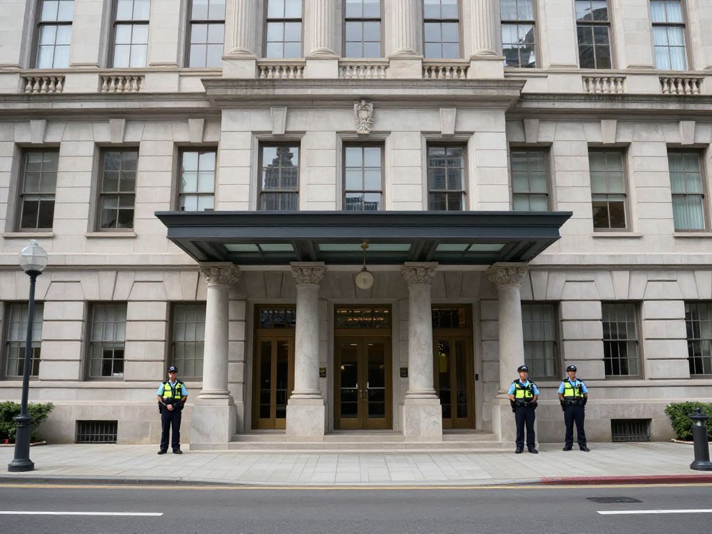 Exterior view of Lawrence City Hall with police presence.