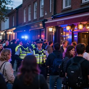 Lawrence bar scene with police presence and community members
