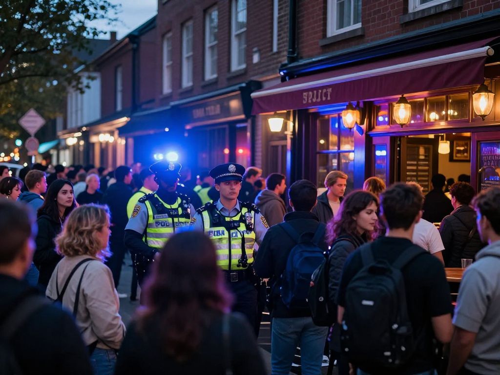 Lawrence bar scene with police presence and community members