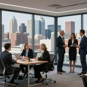 Kansas City skyline with legal professionals working in an office