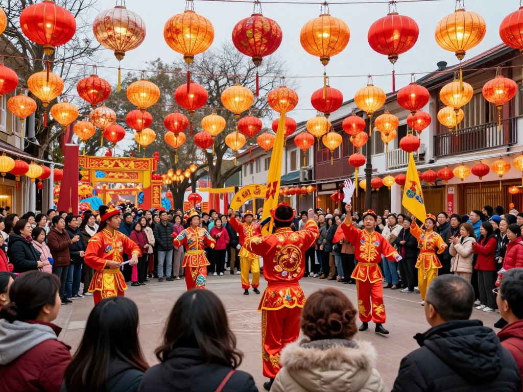 Crowd enjoying Lunar New Year Festival with colorful decorations and performances