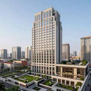 Luxurious penthouse interior with skyline views