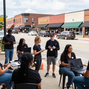 Entrepreneurs collaborating in a mid-sized Missouri city